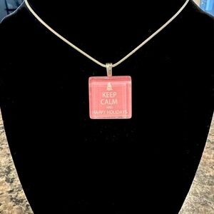 Hand Crafted Light Pink “Keep Calm and Happy Holidays” Pendant
